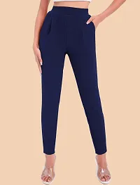 Stylish Navy Blue Polyester Solid Regular Fit Trousers For Women-thumb4