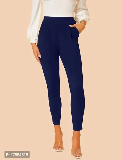 Elegant Navy Blue Polyester Solid Trousers For Women