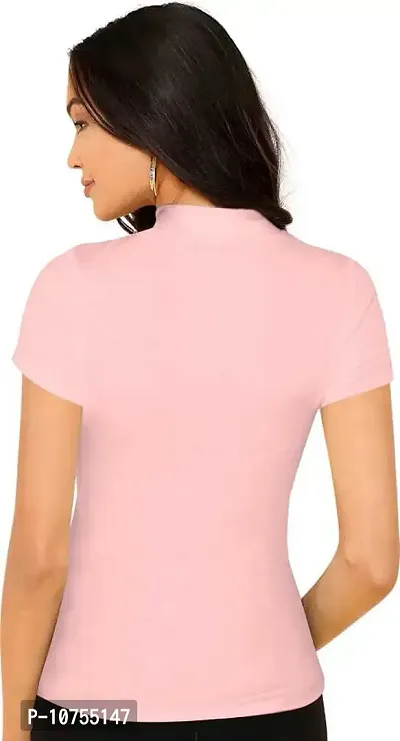 Stylish Solid Peach Polyester Spandex Round Neck Tees For Women-thumb3