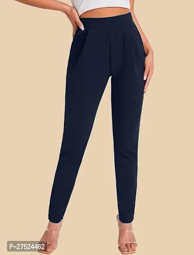 Elegant Navy Blue Polyester Solid Trousers For Women