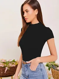 Stylish Solid Black Polyester Spandex Round Neck Tees For Women-thumb1