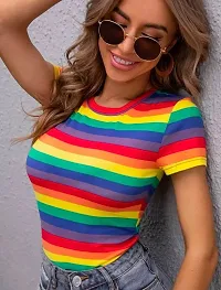 Maheshvi Women Fashion Rainbow Striped Round Neck Tee- (Rainbow)-thumb3