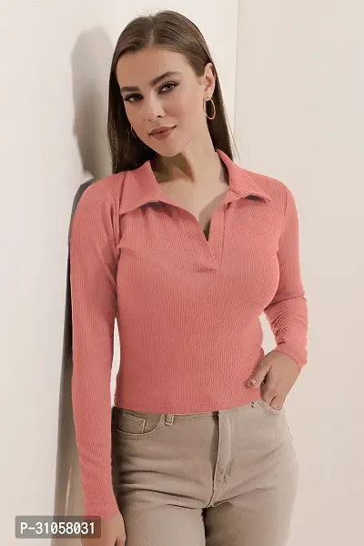 Elegant Peach Polyester Solid Top For Women-thumb2