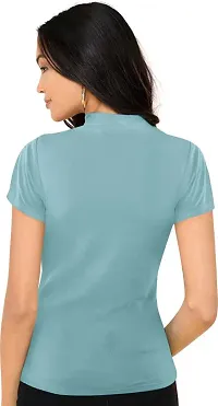 Stylish Solid Turquoise Polyester Spandex Round Neck Tees For Women-thumb2