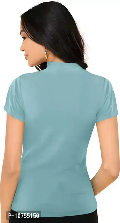 Stylish Solid Turquoise Polyester Spandex Round Neck Tees For Women-thumb3