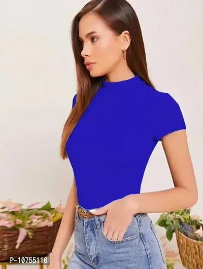 Stylish Solid Blue Polyester Spandex Round Neck Tees For Women-thumb2