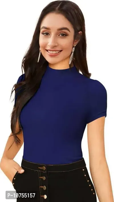 Stylish Solid Navy Blue Polyester Spandex Round Neck Tees For Women-thumb0