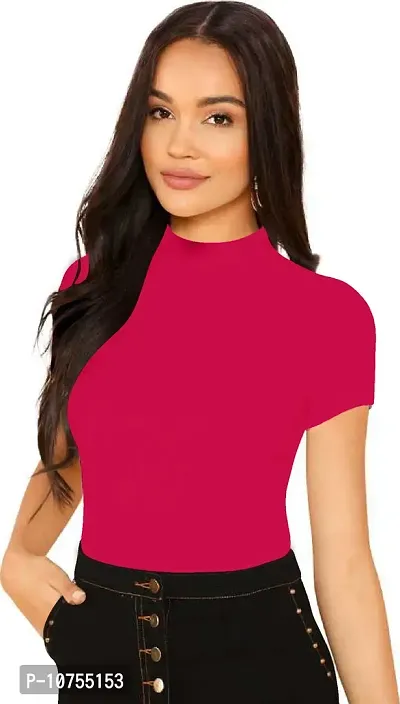 Stylish Solid Pink Polyester Spandex Round Neck Tees For Women-thumb0