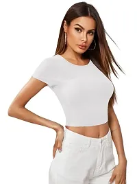 Maheshvi Dream Beauty Fashion Casual Short Sleeves Ribbed Round Neck Polyster Blend Crop Top (17 Inches)-thumb1