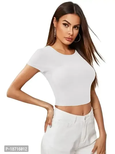 Maheshvi Dream Beauty Fashion Casual Short Sleeves Ribbed Round Neck Polyster Blend Crop Top (17 Inches)-thumb2