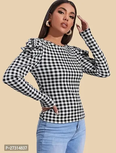 Stylish Black Polyester Checked Top For Women-thumb0