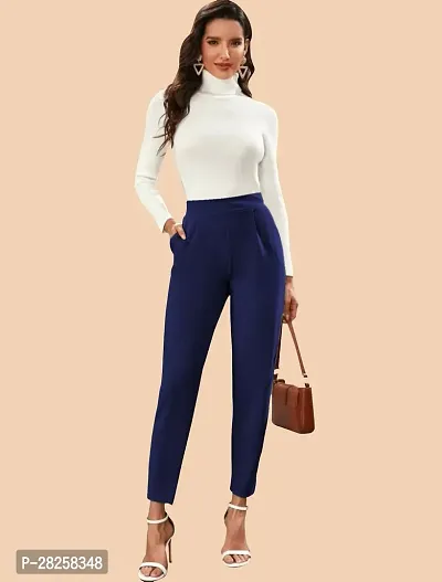 Stylish Navy Blue Polyester Solid Regular Fit Trousers For Women-thumb5