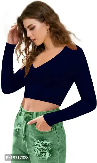 Maheshvi Women's V-Neck Full Sleeve Crop Top (15 Inches) - (Navy Blue),M - (Baati)-thumb3