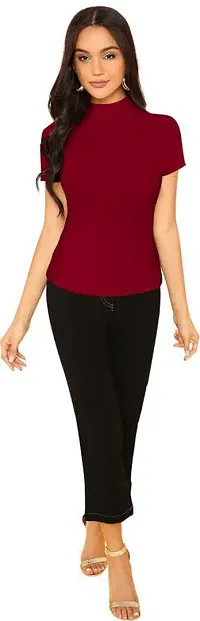 Stylish Solid Maroon Polyester Spandex Round Neck Tees For Women-thumb3