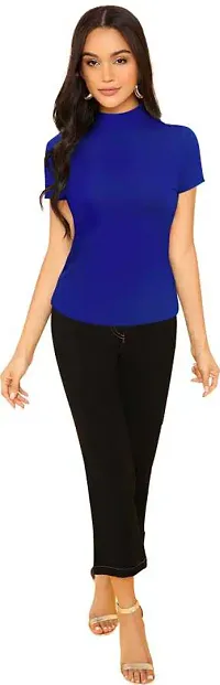 Stylish Solid Blue Polyester Spandex Round Neck Tees For Women-thumb3