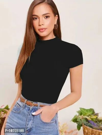 Stylish Solid Black Polyester Spandex Round Neck Tees For Women-thumb0