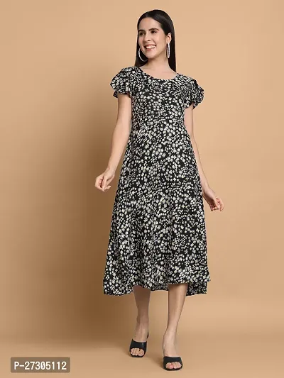 Stylish Black Polyester Printed Fit And Flare Dress For Women