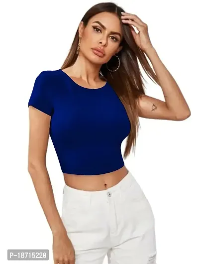 Maheshvi Ribbed Round Neck Polyester Blend Stylish Crop Tee (17 Inches)-thumb0