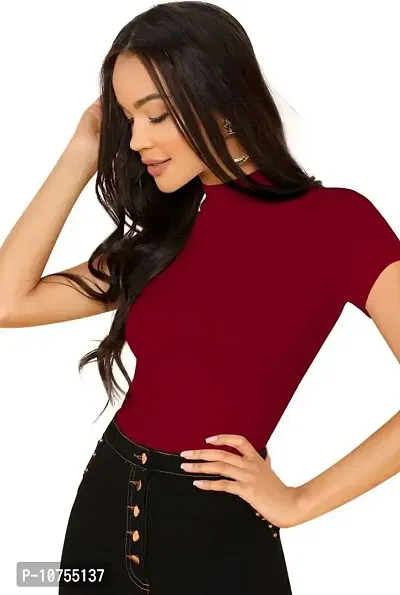 Stylish Solid Maroon Polyester Spandex Round Neck Tees For Women-thumb2