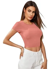 Maheshvi Dream Beauty Fashion Casual Short Sleeves Ribbed Round Neck Polyster Blend Crop Top (17 Inches)-thumb3