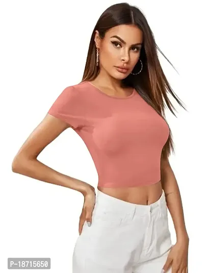 Maheshvi Dream Beauty Fashion Casual Short Sleeves Ribbed Round Neck Polyster Blend Crop Top (17 Inches)-thumb4