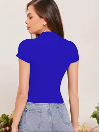 Stylish Solid Blue Polyester Spandex Round Neck Tees For Women-thumb2