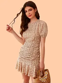 Stylish Beige Polyester Printed Bodycon Dress For Women-thumb3