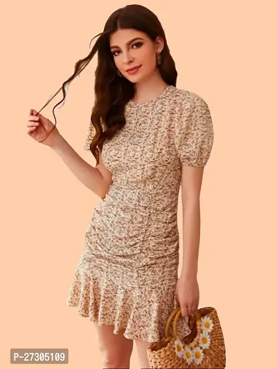 Stylish Beige Polyester Printed Bodycon Dress For Women-thumb4