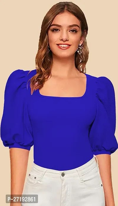 Elegant Blue Polyester Solid Top For Women-thumb0