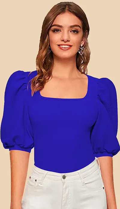 Casual Blend Square Neck Bishop Sleeves Solid Stylish Top (23Inches)