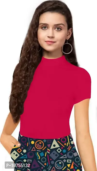 Stylish Solid Pink Polyester Spandex Round Neck Tees For Women