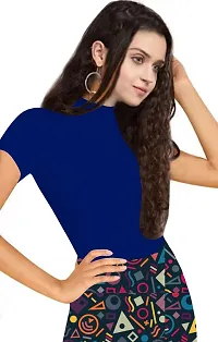 Stylish Solid Blue Polyester Spandex Round Neck Tees For Women-thumb1