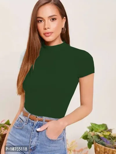 Stylish Solid Green Polyester Spandex Round Neck Tees For Women-thumb0