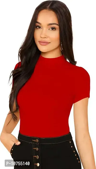 Stylish Solid Red Polyester Spandex Round Neck Tees For Women-thumb0