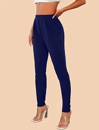 Elegant Navy Blue Polyester Solid Trousers For Women-thumb2