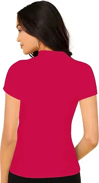 Stylish Solid Pink Polyester Spandex Round Neck Tees For Women-thumb2