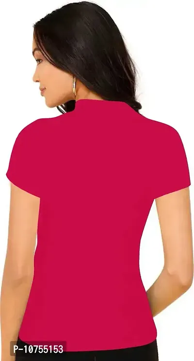 Stylish Solid Pink Polyester Spandex Round Neck Tees For Women-thumb3