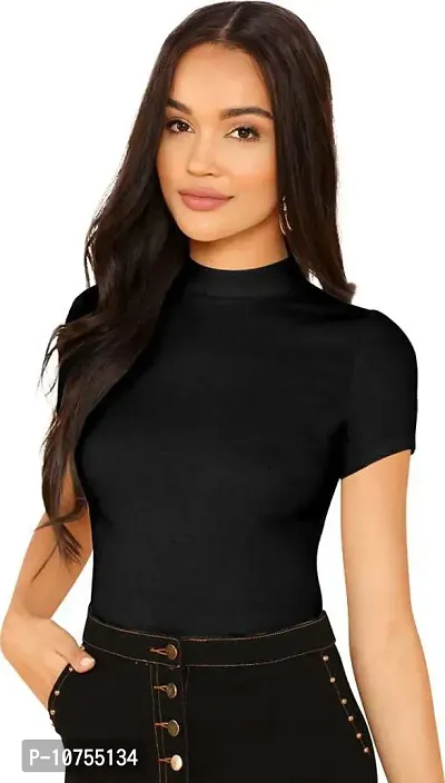 Stylish Solid Black Polyester Spandex Round Neck Tees For Women