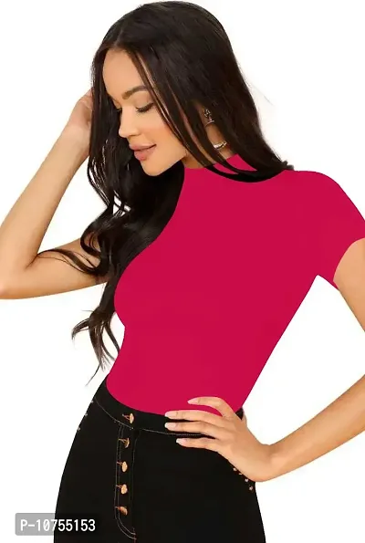 Stylish Solid Pink Polyester Spandex Round Neck Tees For Women-thumb2