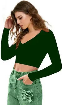 Elegant Green Ribbed V-Neck Full Sleeves Polyester Blend Crop Tee  For Women-thumb2