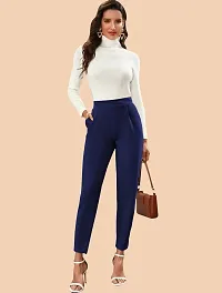 Elegant Navy Blue Polyester Solid Trousers For Women-thumb4