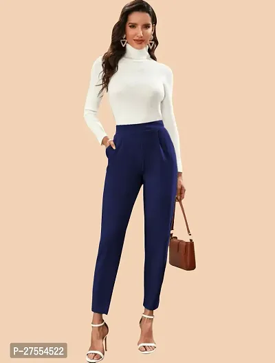 Elegant Navy Blue Polyester Solid Trousers For Women-thumb5