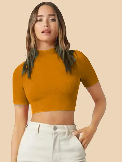 Casual Polyester Blend High Neck Short Sleeves Stylish Crop Top