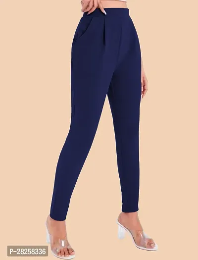 Stylish Navy Blue Polyester Solid Regular Fit Trousers For Women-thumb2