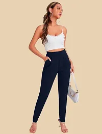 Elegant Navy Blue Polyester Solid Trousers For Women-thumb3