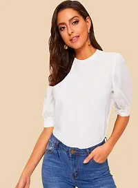 Stylish White Knitted Polyester Solid Top For Women-thumb1