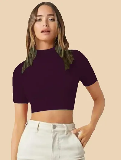 Dream Beauty Fashion Women's Casual Solid Crop Top Short Sleeves High-Neck (15"" Inches Approx)