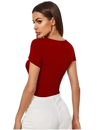 Maheshvi Dream Beauty Fashion Casual Short Sleeves Ribbed Round Neck Polyster Blend Crop Top (17 Inches) Red -S-thumb2