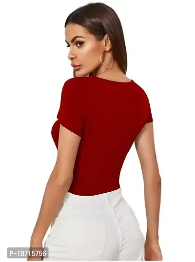 Maheshvi Dream Beauty Fashion Casual Short Sleeves Ribbed Round Neck Polyster Blend Crop Top (17 Inches) Red -S-thumb3