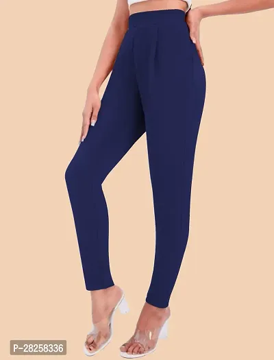 Stylish Navy Blue Polyester Solid Regular Fit Trousers For Women